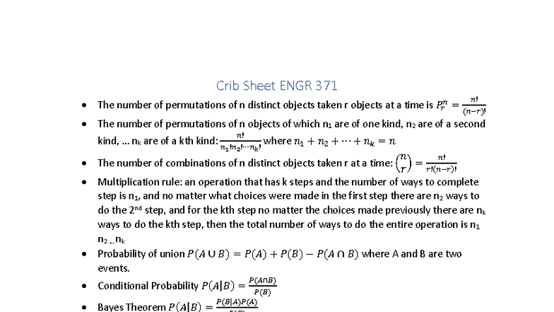 Final Exam Crib Sheet for ENGR 371 - Dec 2023 - Studocu