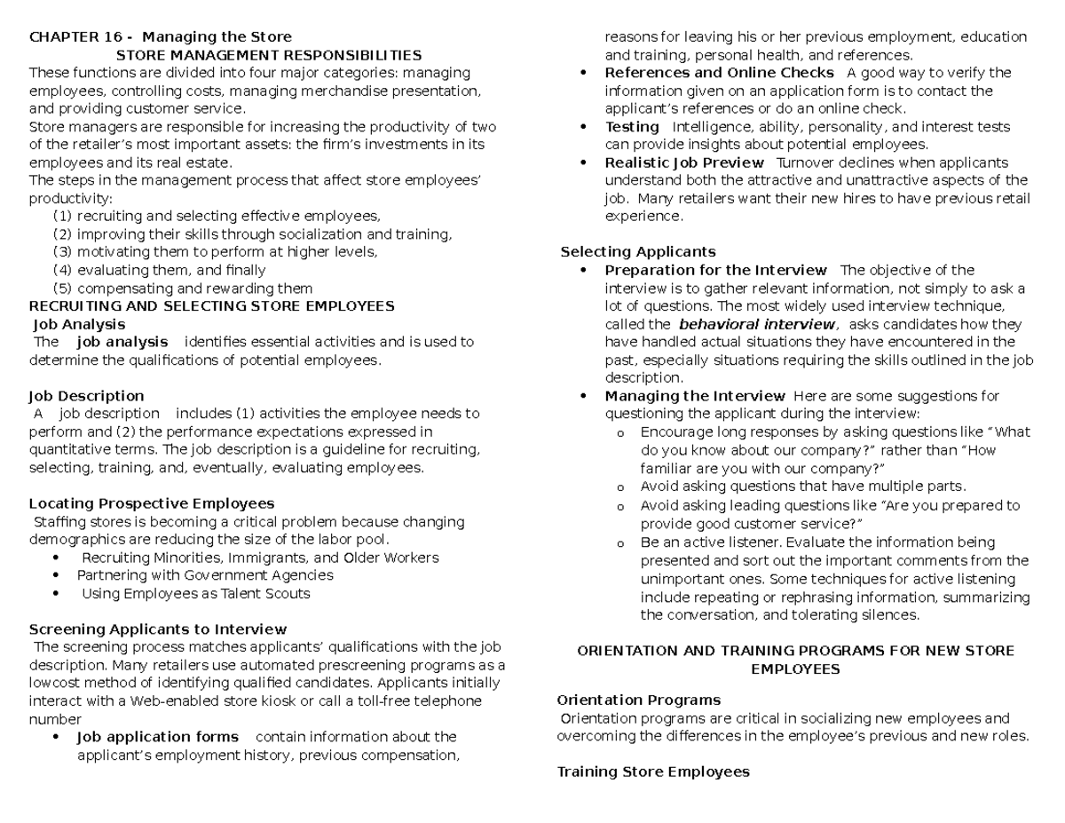 Chapter 16 - 17 Retail Management - CHAPTER 16 - Managing the Store ...