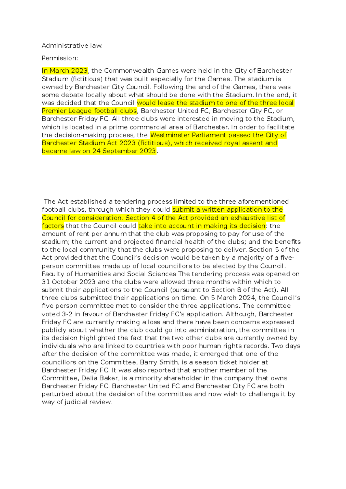Administrative Law Assessment: Barchester Stadium Lease Decision - Studocu