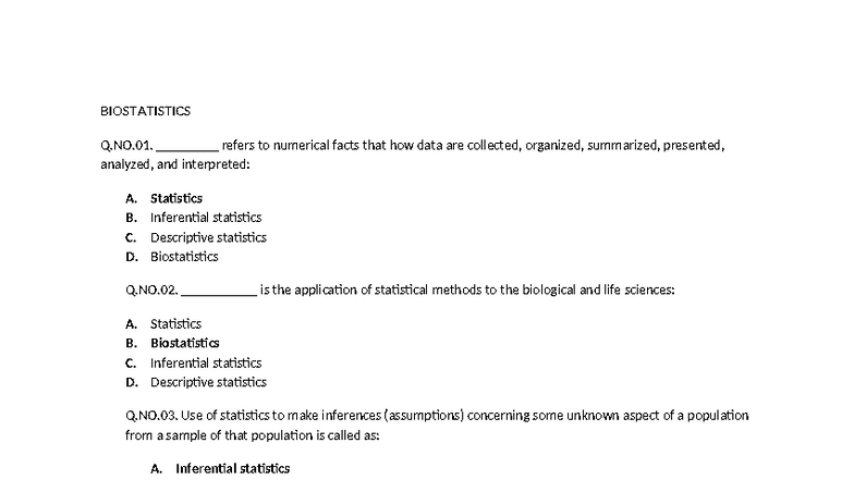 Biostatistics Quiz Q.No.01-25: Key Concepts and Definitions - Studocu