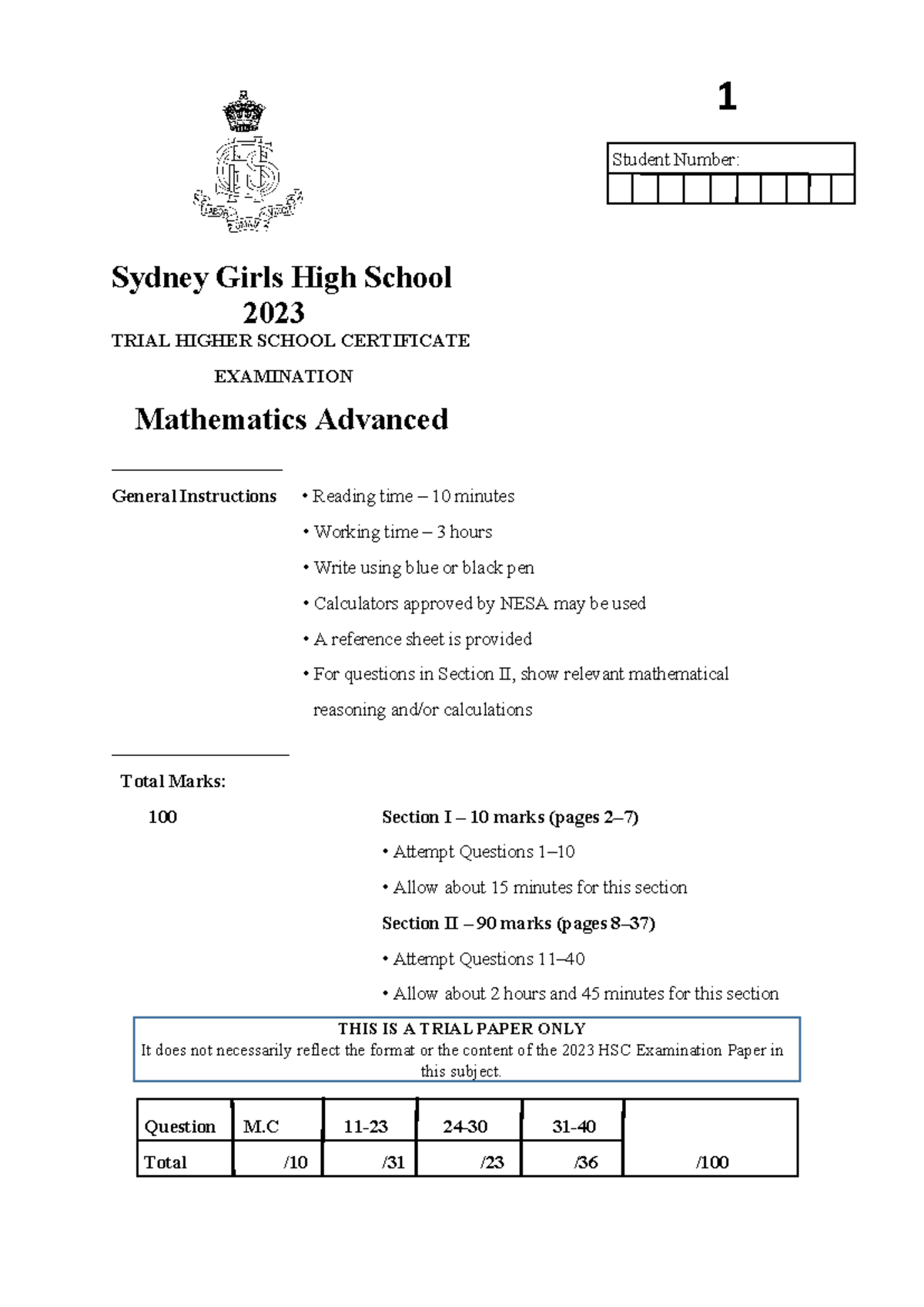 2023 Trial HSC Mathematics Advanced Paper with Solutions - Studocu