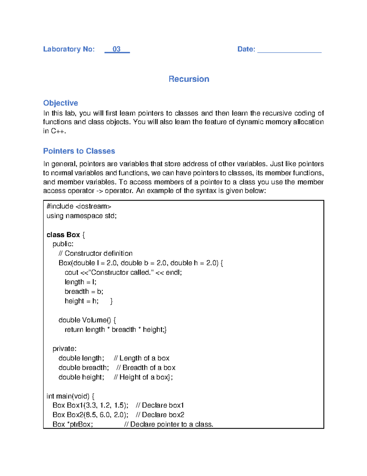 AV223 Lab03: Recursion, Pointers to Classes & Dynamic Memory - Studocu