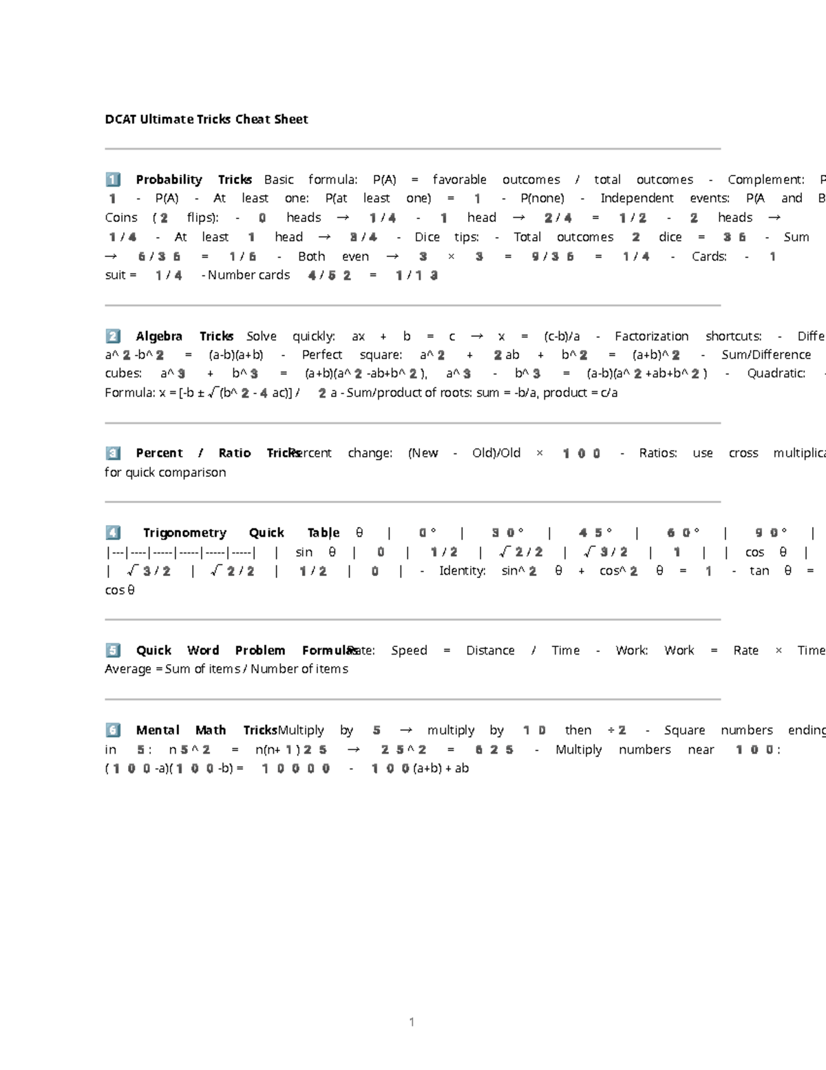 DCAT Ultimate Tricks Cheat Sheet: Probability & Math Shortcuts - Studocu