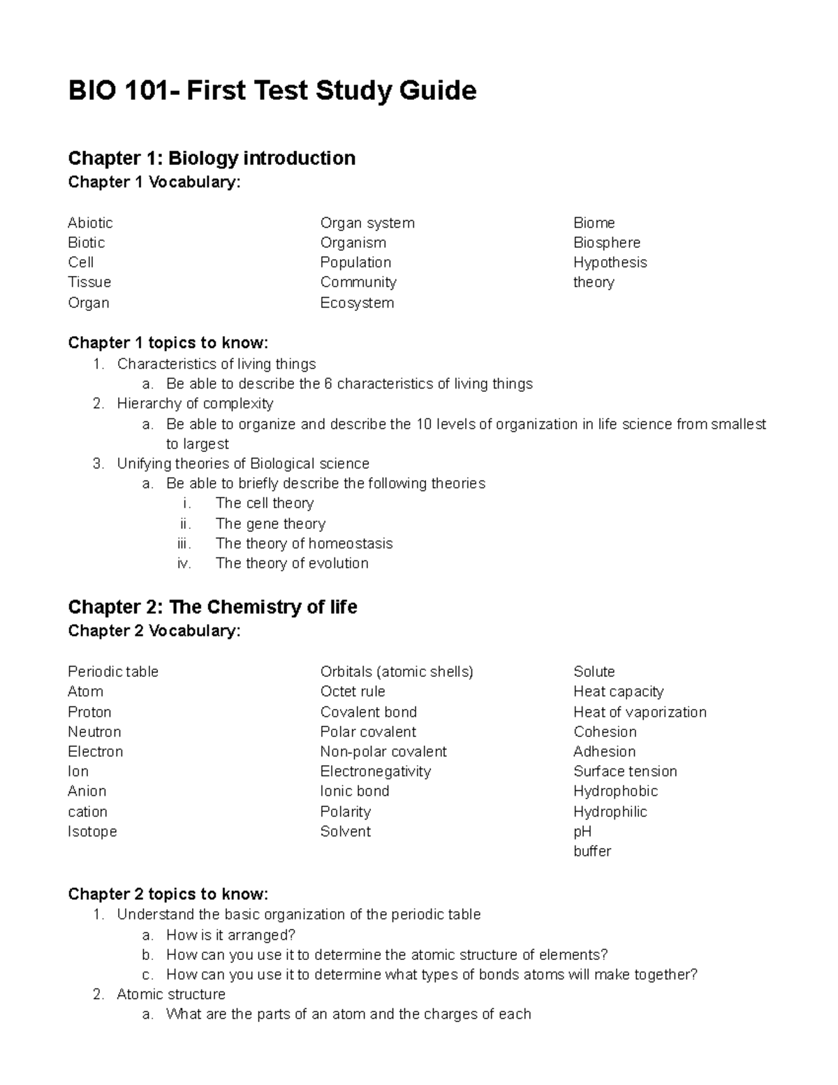 BIO 101 - Comprehensive Study Guide for First Test: Key Terms ...