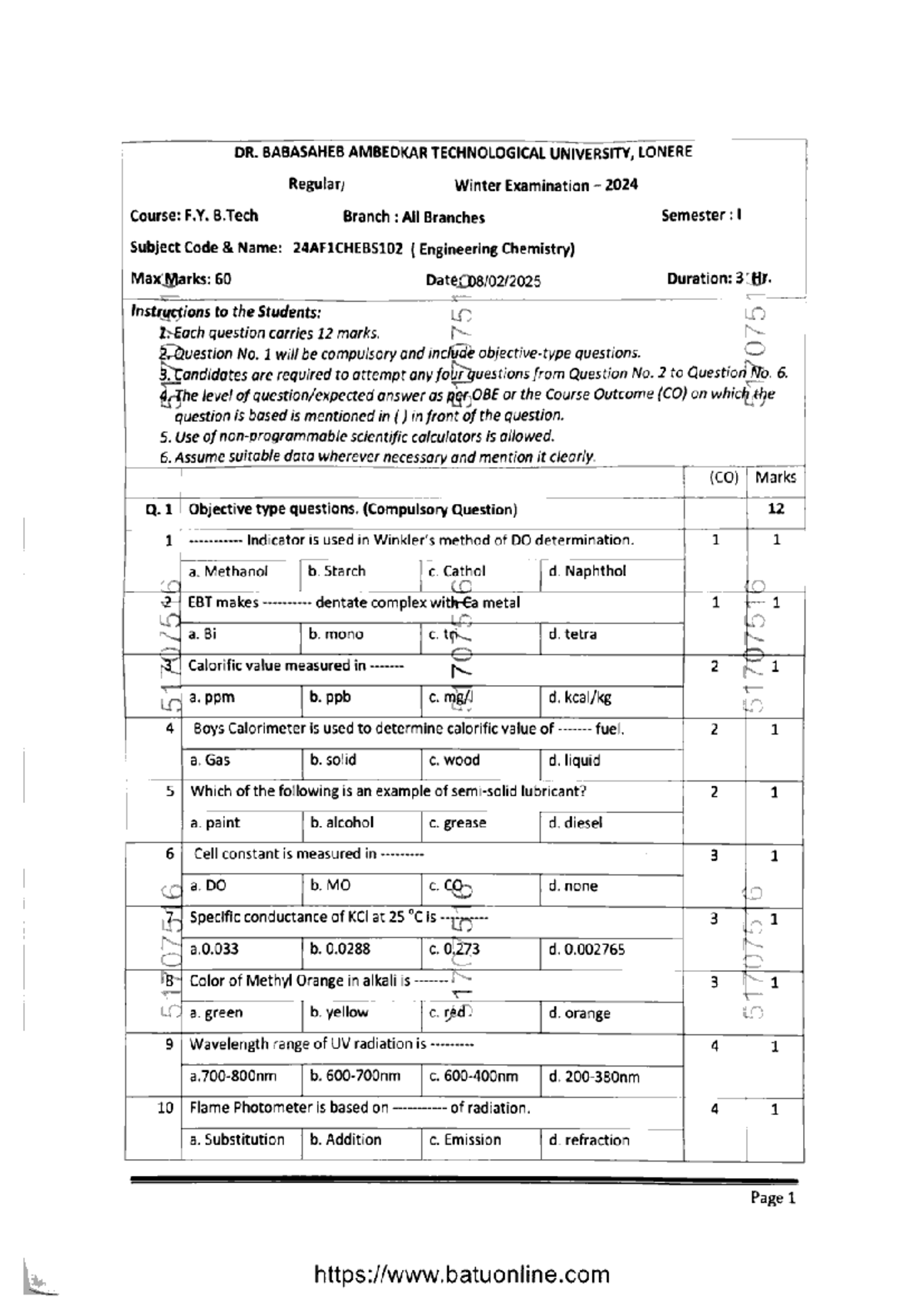 B.Tech 1st Year Engineering Chemistry Exam 24AF1CHEBS102 Feb 2025 - Studocu