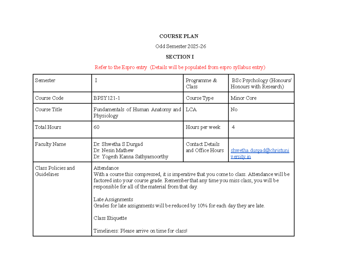 FHAP Course Plan 2025 - BSc Psychology Honours (Odd Sem) - Studocu