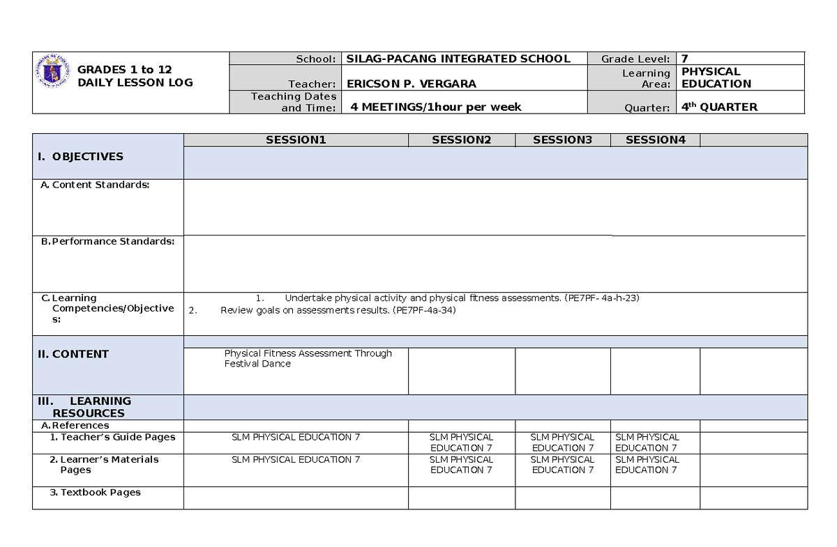 Q4 PE 7 DLL WK 1 - Daily Lesson Log for Grade 7 Physical Education ...