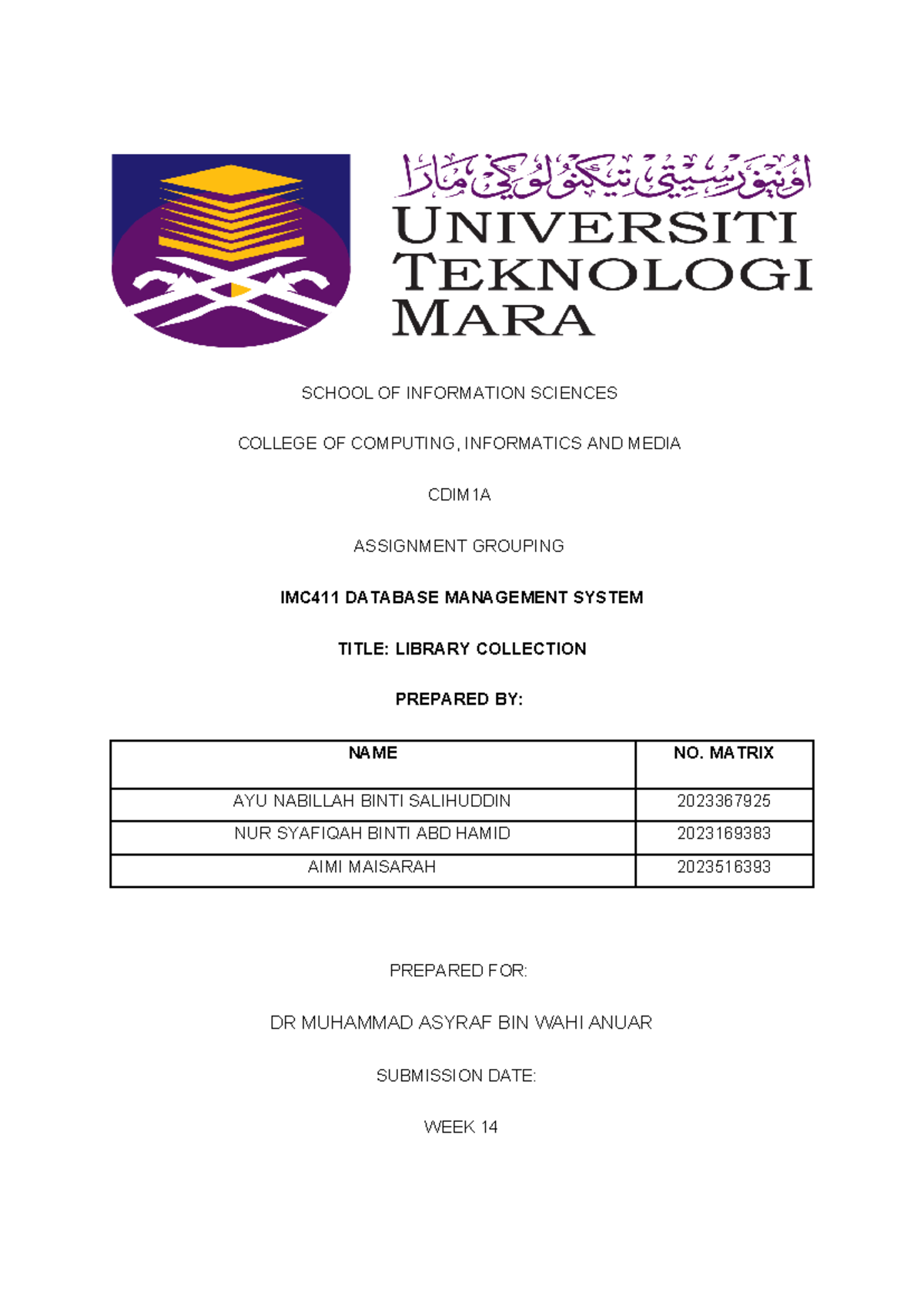 IMC411 Group Assignment on Library Collection Database Management - Studocu