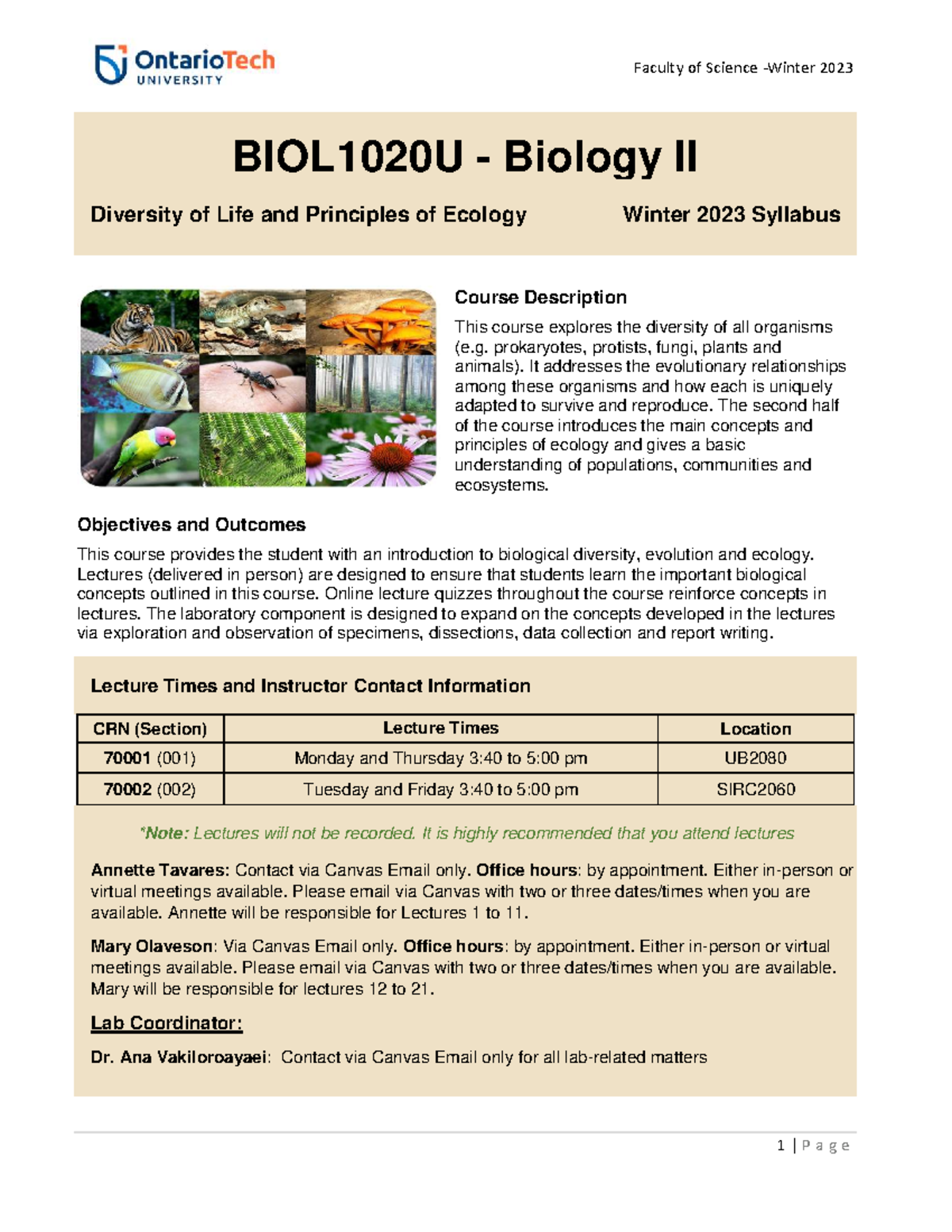 BIOL1020U Winter 2023 Syllabus: Biology II & Ecology Principles - Studocu