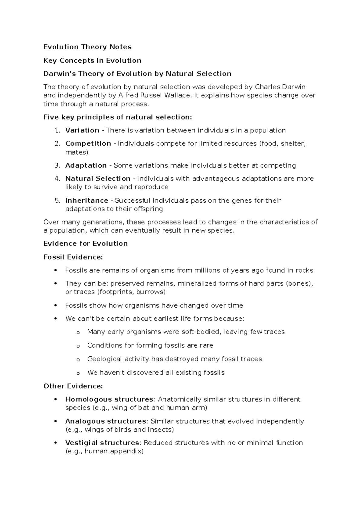 Evolution Theory Notes: Key Concepts and Evidence of Natural Selection ...