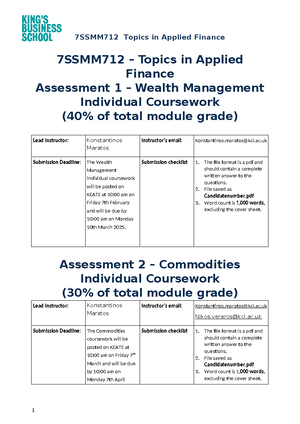 7SSMM712 Tutorial 1 - KCL – TOPICS IN APPLIED FINANCE 7SSMM TUTORIAL 1 ...