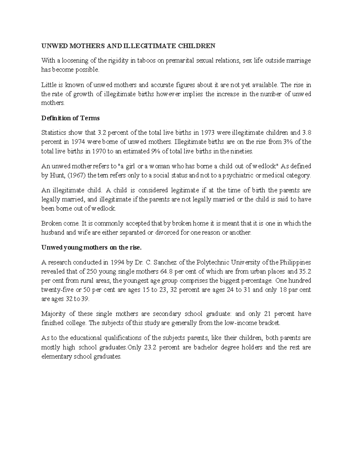 Unwed Mothers and Illegitimate Children: A-Population Study Insights ...