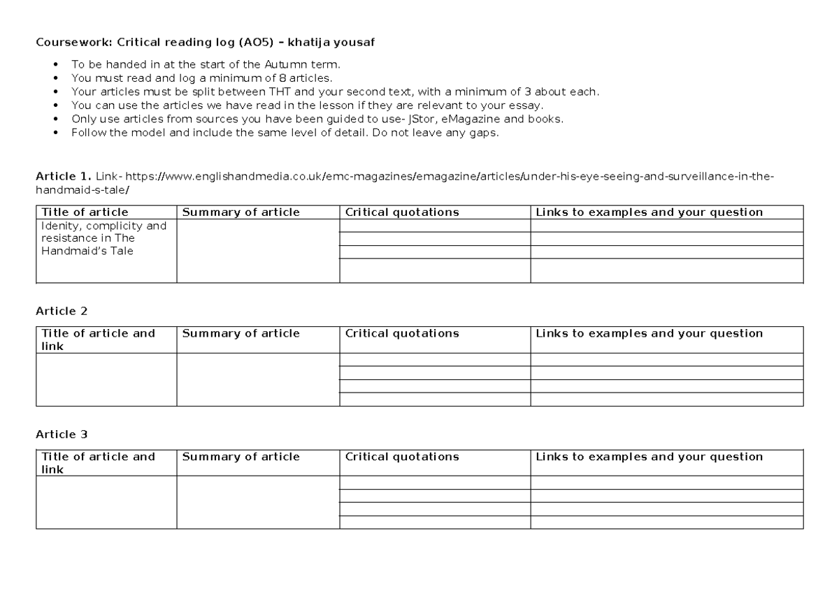 Critical Reading Log (AO5): Coursework for Autumn Term - Studocu