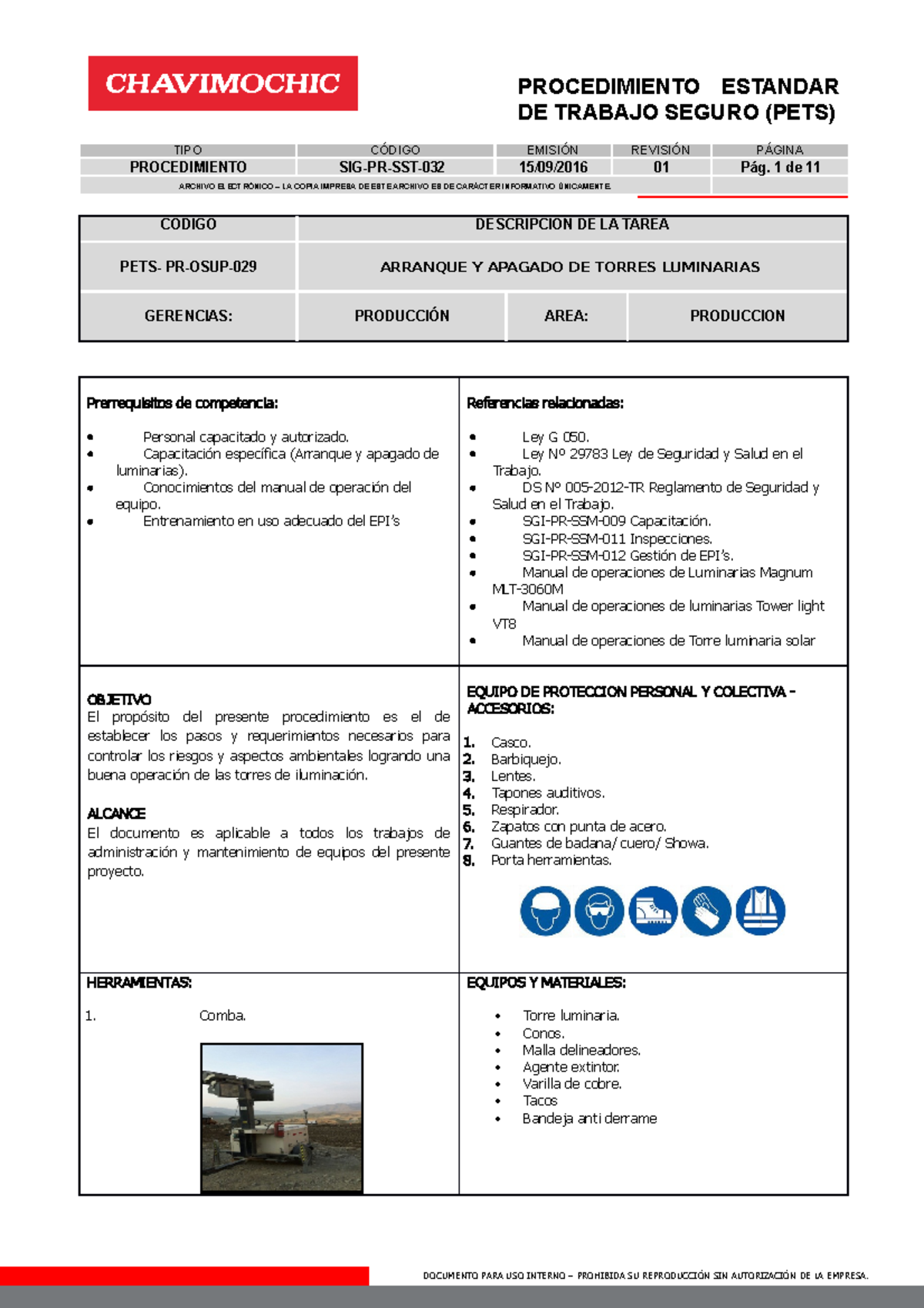 Procedimiento PETS PR-OSUP-029: Seguridad en Arranque y Apagado de Torres Luminarias - Document Preview