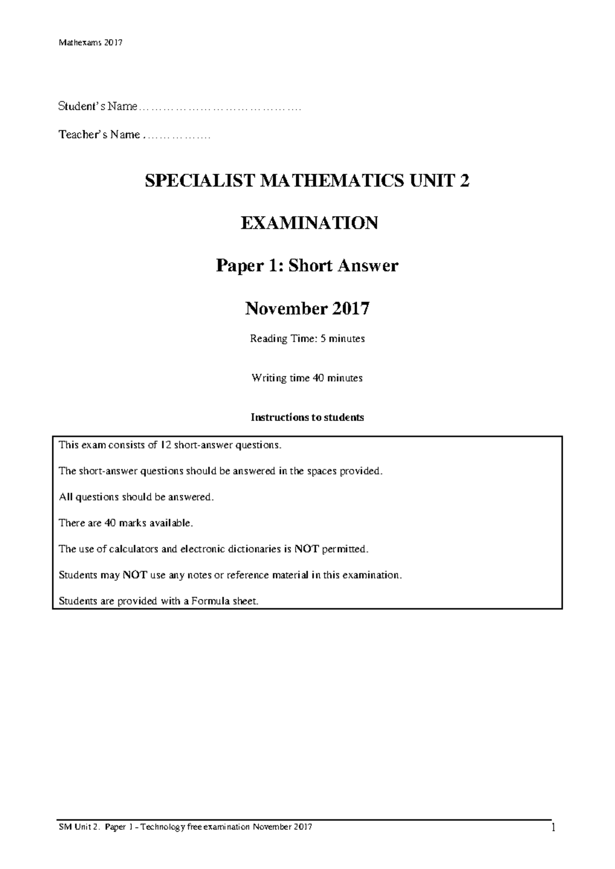 2017 SM Unit 2 Exam Paper 1: Short Answer Questions - Studocu