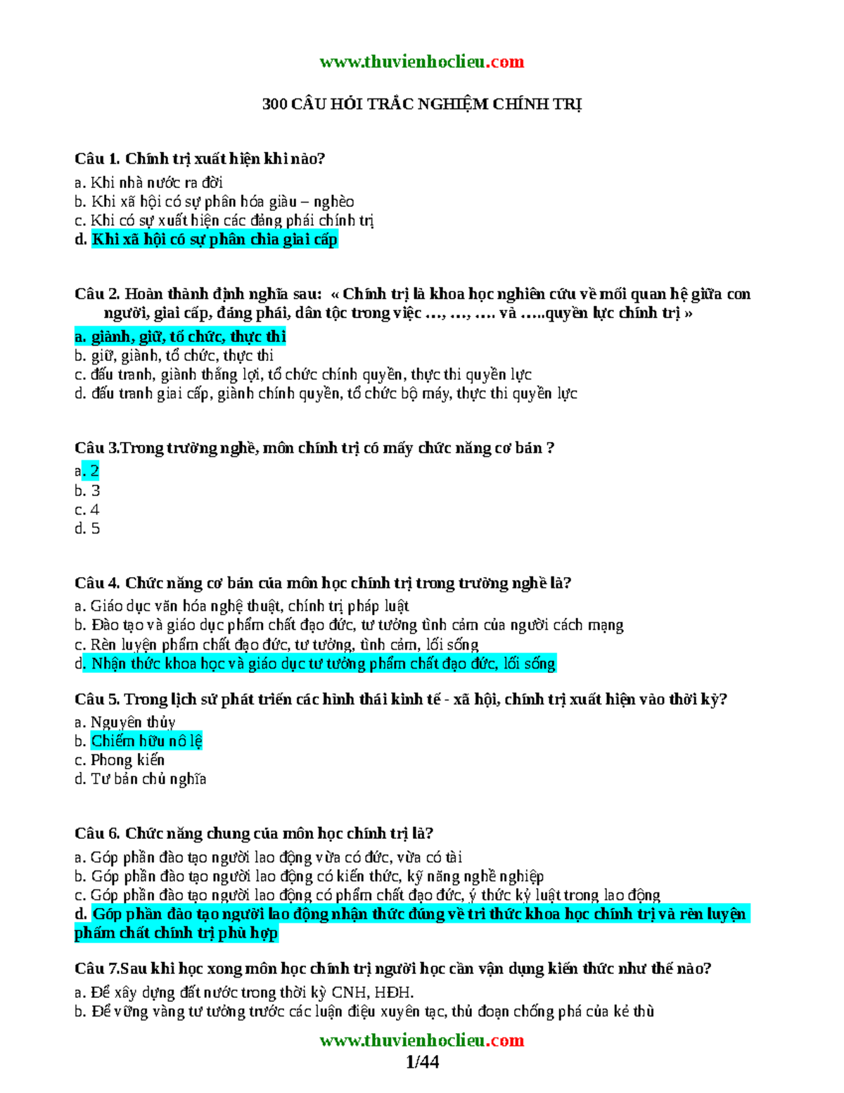 Trắc Nghiệm Chính Trị MLN111 - 300 Câu Hỏi Cho Kỳ Thi Cuối Kỳ - Document Preview