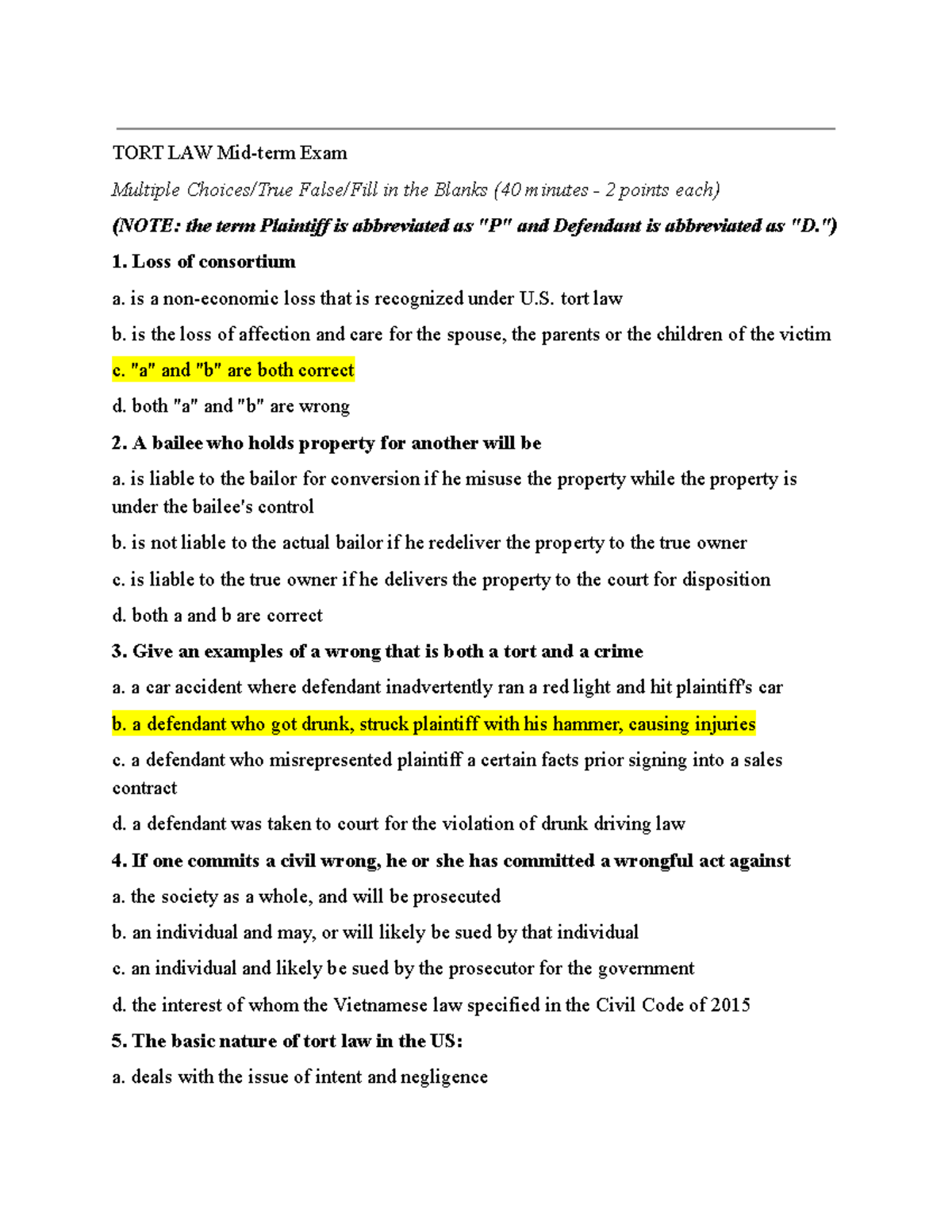 TORT LAW Mid-term Exam Study Guide and Practice Questions - Studocu