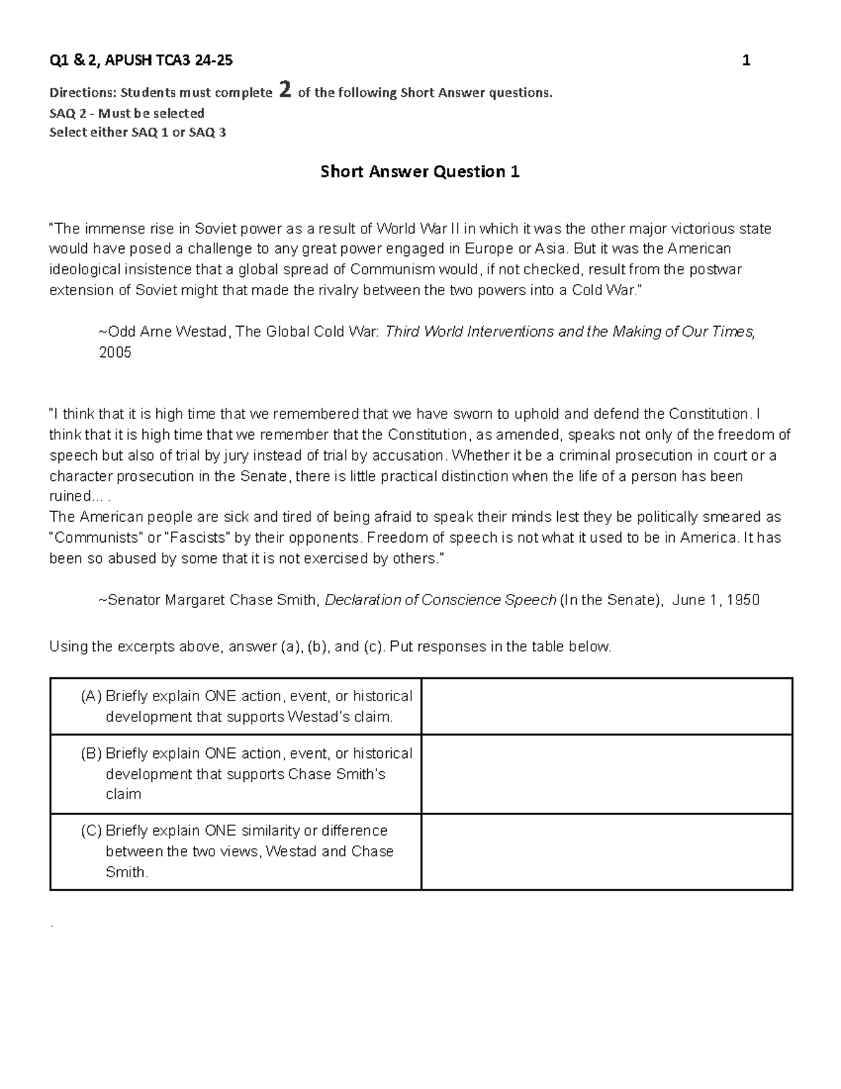 Copy of APUSH TCA3 Short Answer Questions Q1 & Q2 (24-25) - Studocu