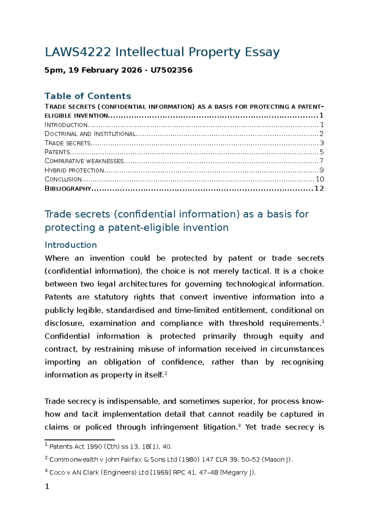 LAWS4222 Intellectual Property Essay: Trade Secrets vs. Patents - Studocu