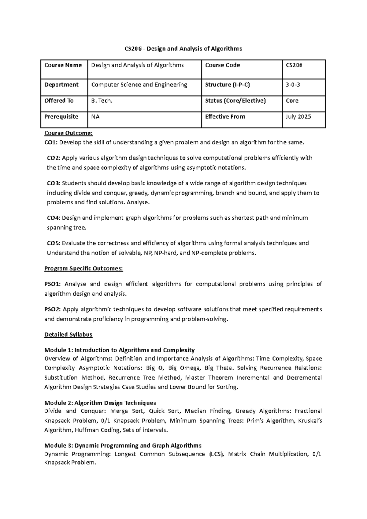 CS206 Design and Analysis of Algorithms Syllabus Notes - Studocu