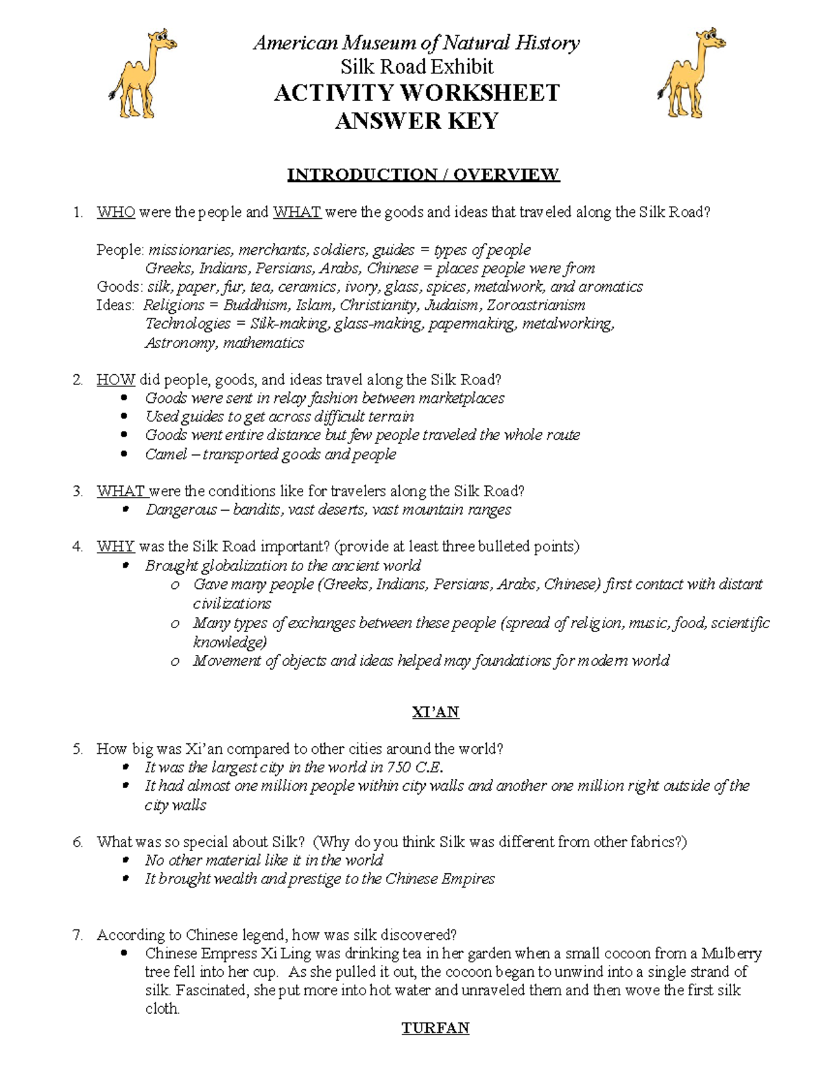 Silk Road Exhibit Activity Sheet Answer Key: AMNH Education Resources ...