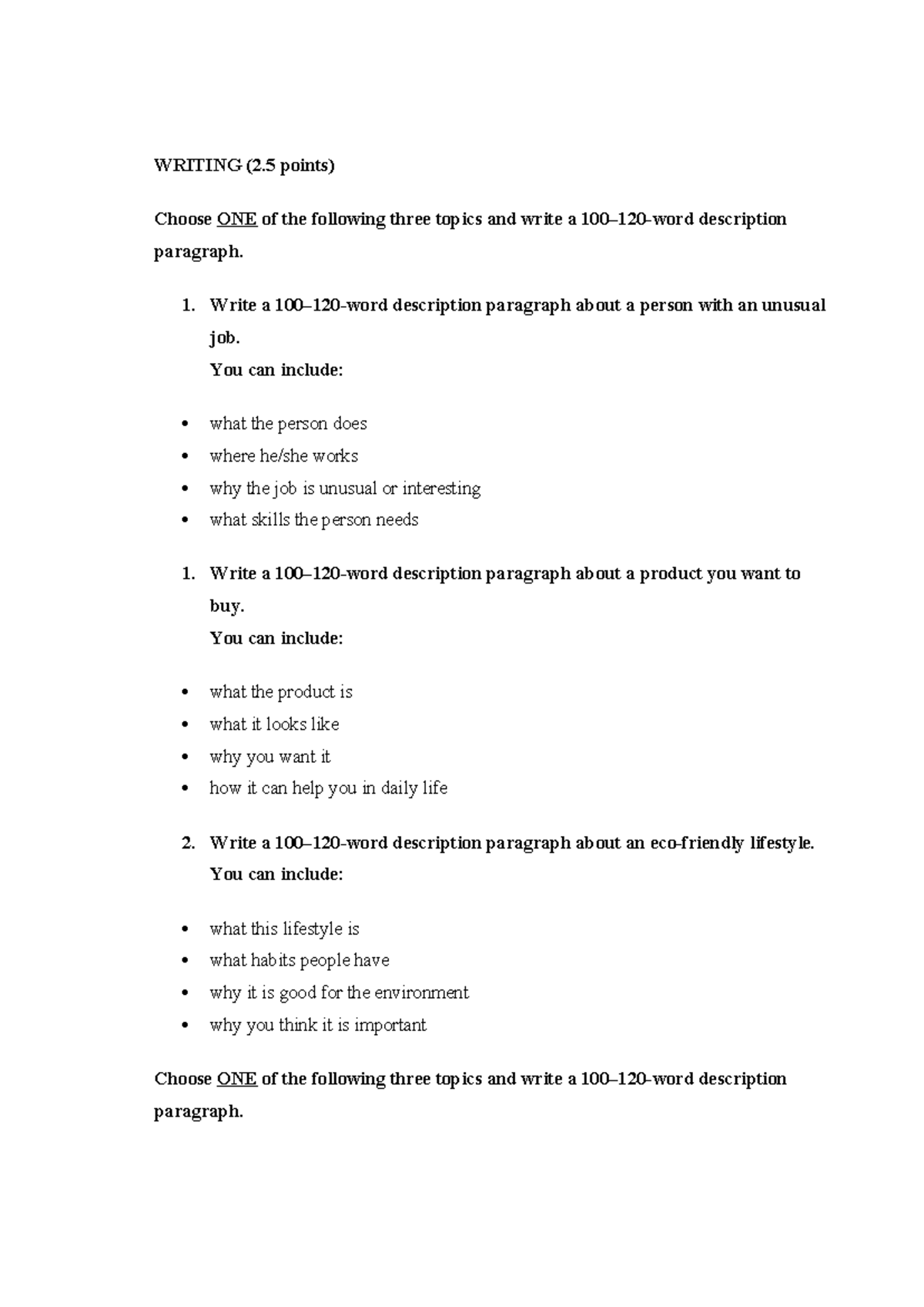 Writing Review: Description Paragraphs on Unique Topics - Studocu