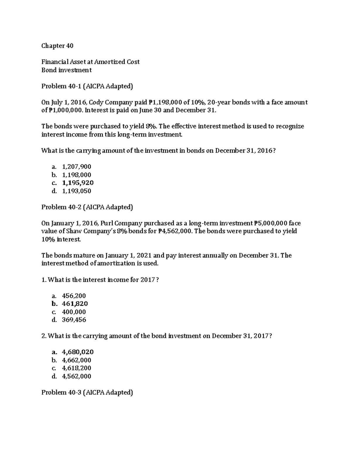 Chapter 40: Financial Assets at Amortized Cost - Bond Investments - Studocu