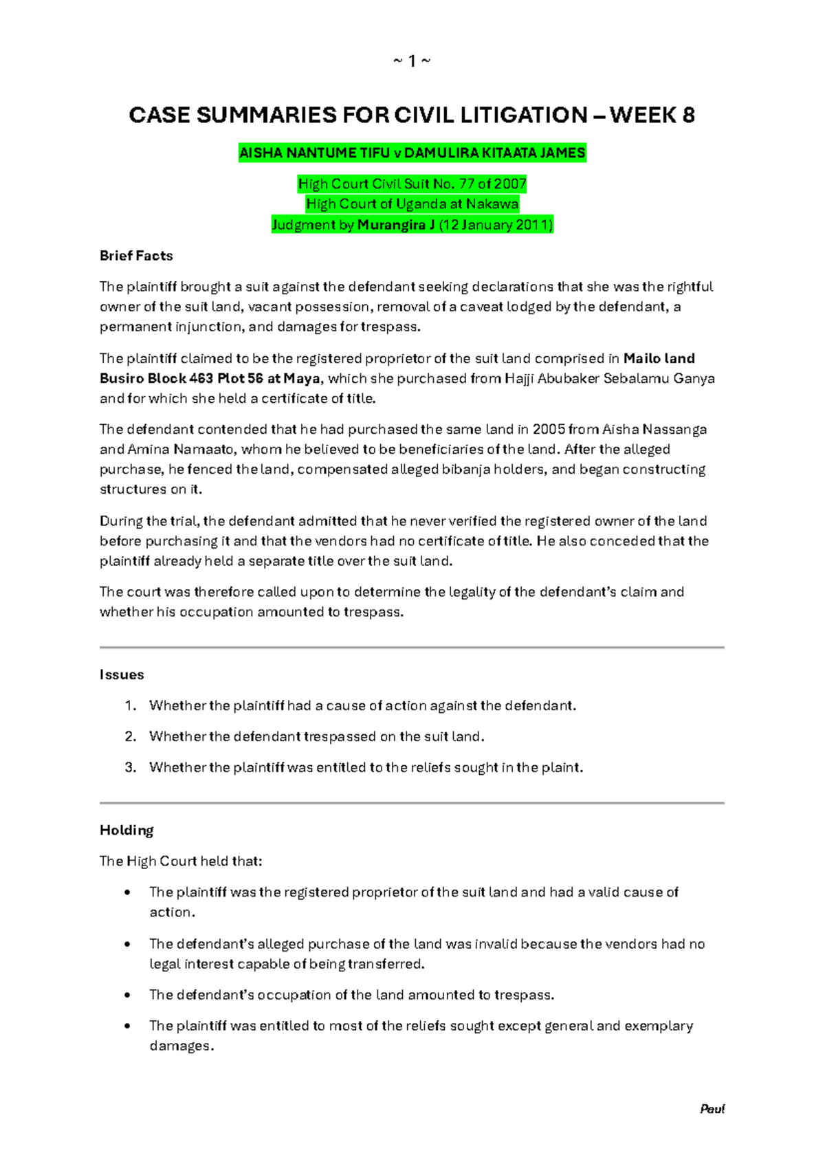 CASE SUMMARIES FOR CIVIL LITIGATION WEEK 8: KEY JUDGMENTS AND HOLDINGS ...
