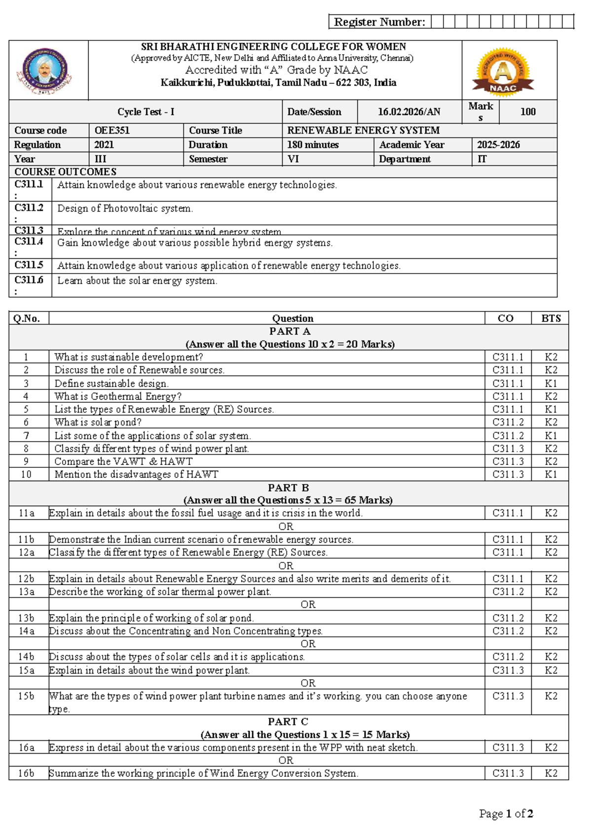 OEE351 Renewable Energy System - Cycle Test I Question Paper - Studocu