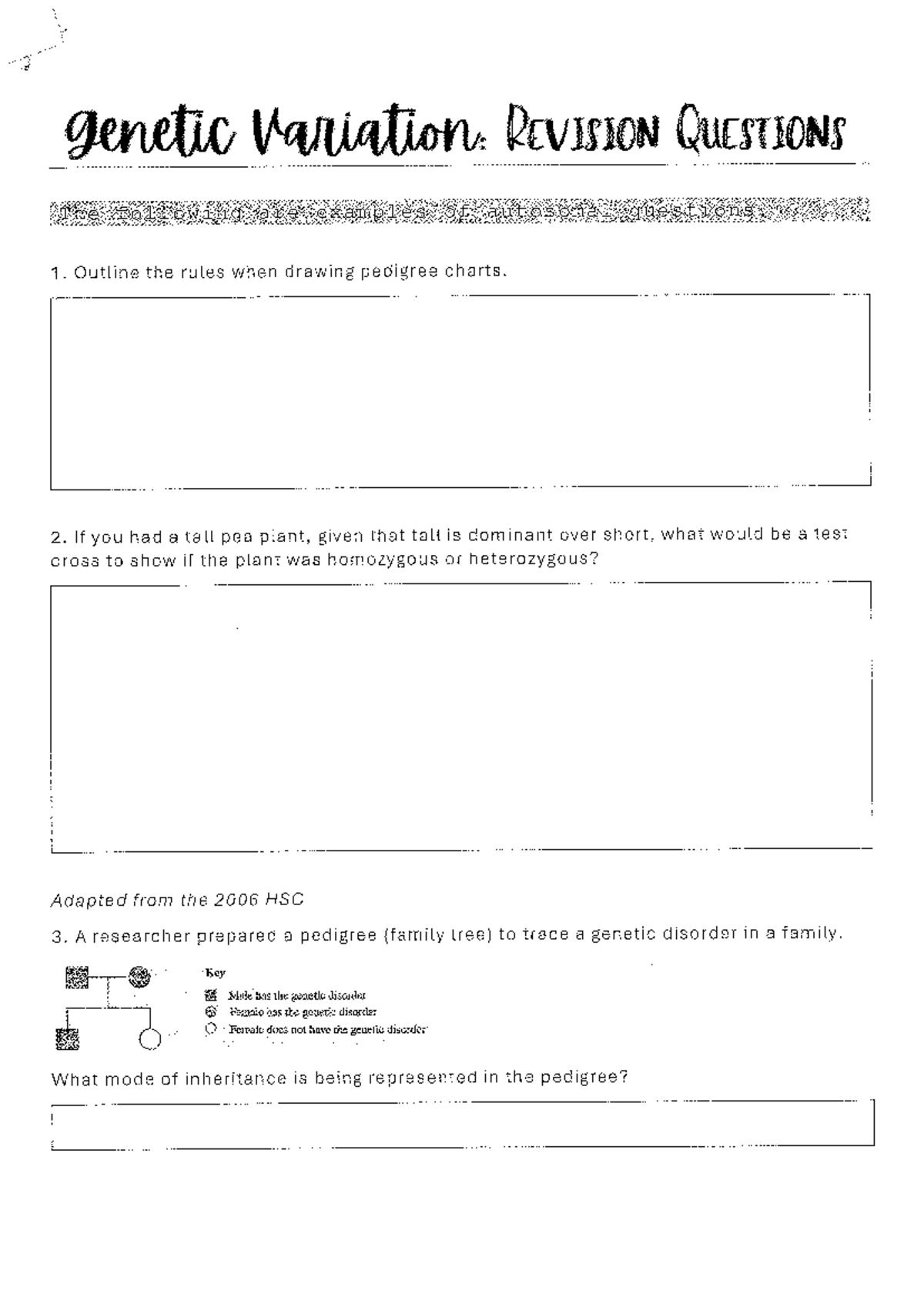 Genetic Variation Questions & Analysis: Pedigree Charts & Inheritance ...