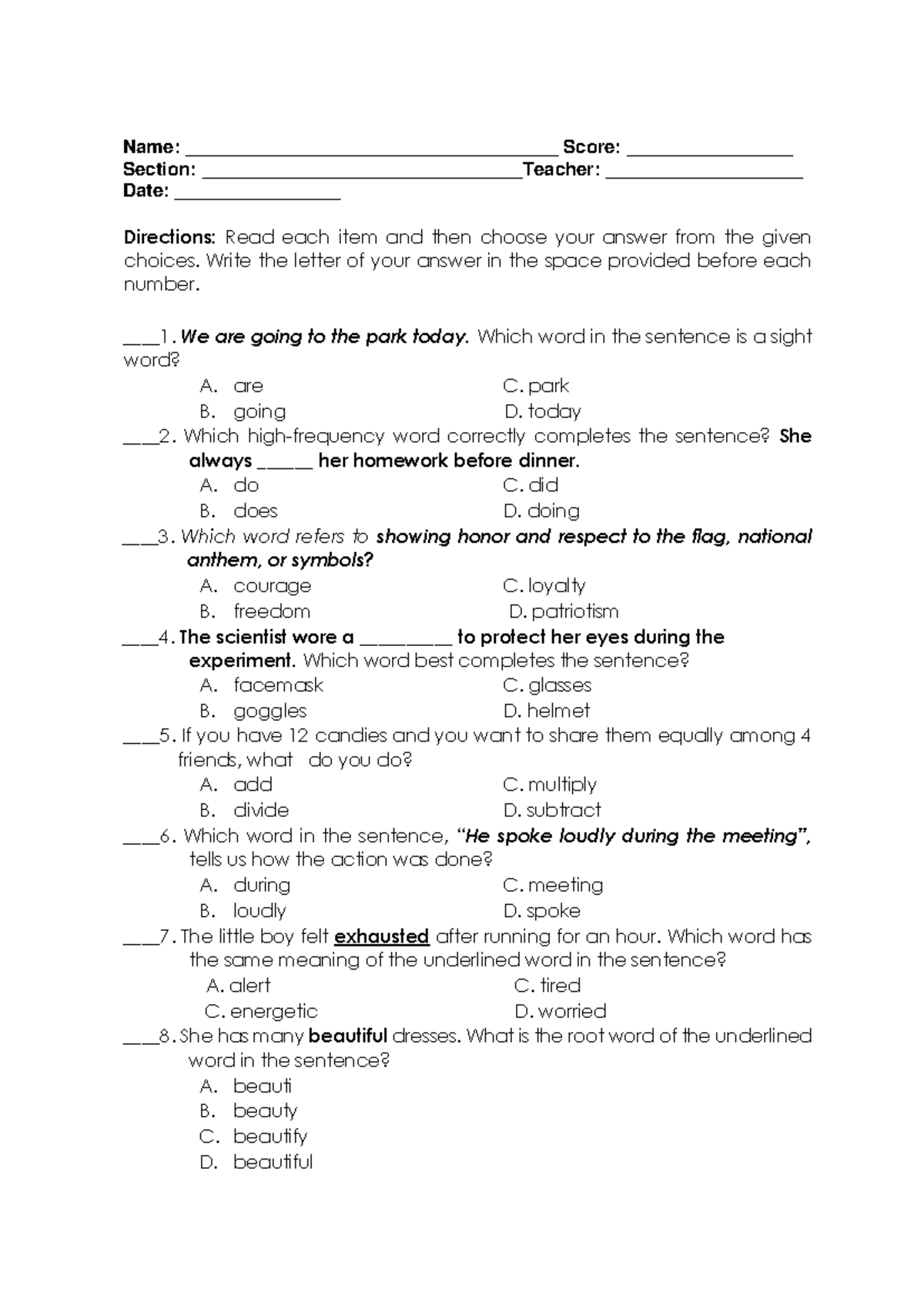 English - LESSON EXEMPLAR: Sight Words & Sentence Structure - Studocu
