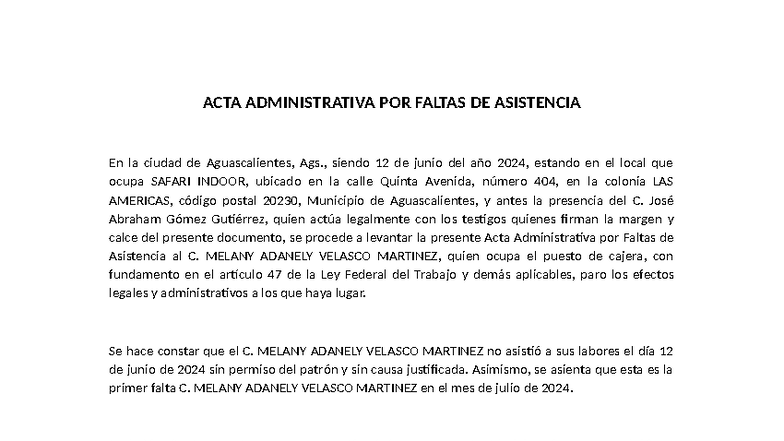 ACTA ADMINISTRATIVA POR FALTAS DE ASISTENCIA - MELANY ADANELY V. - Studocu