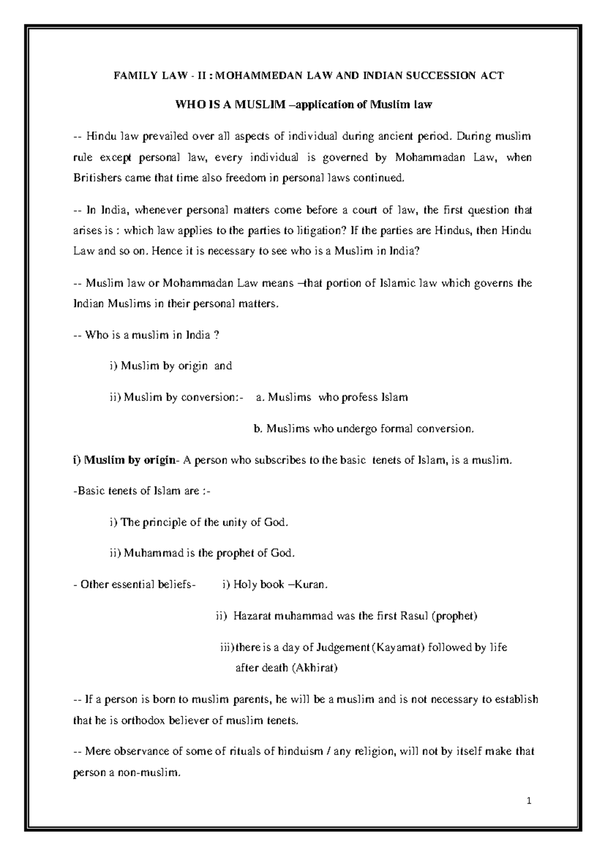 Family Law II: Complete Notes on Muslim Law and Succession Act - Studocu