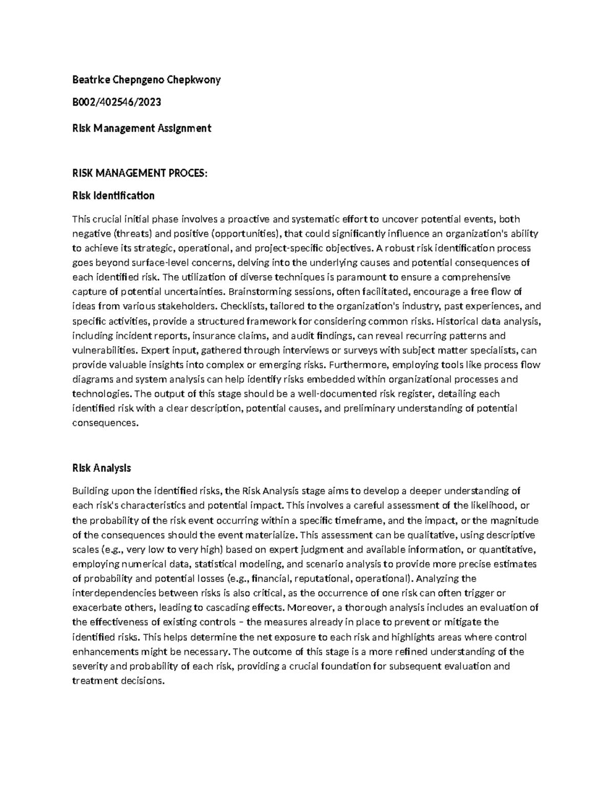 RISK 101: Comprehensive Risk Management Assignment on Processes - Studocu