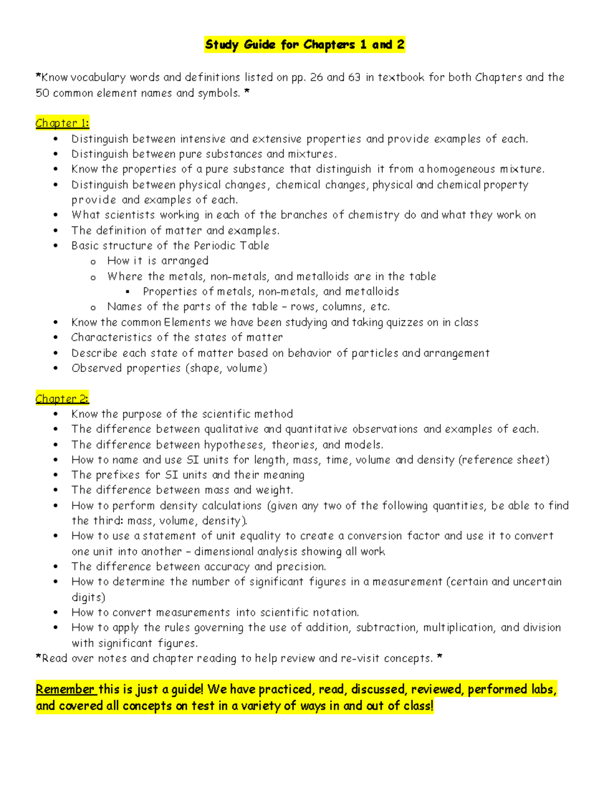Study Guide for Chemistry 101: Chapters 1 & 2 Vocabulary and Concepts ...