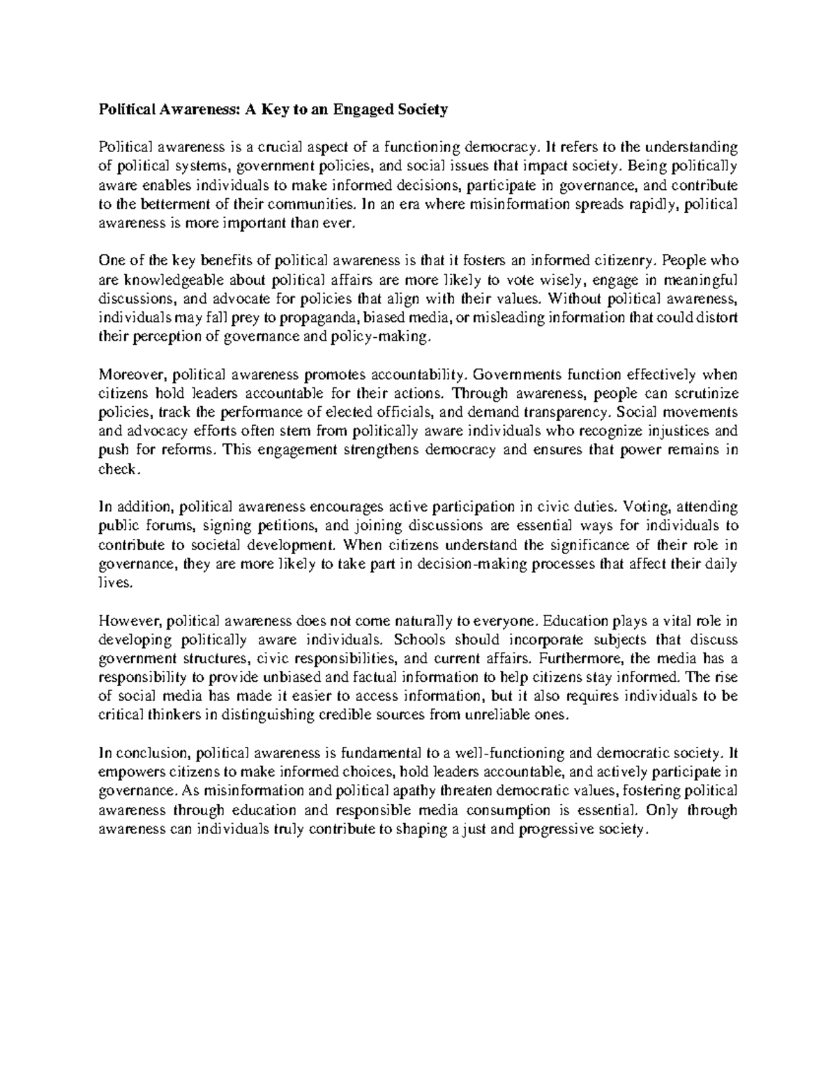 POL 101 - Political Awareness: Empowering Active Citizenship Essay ...