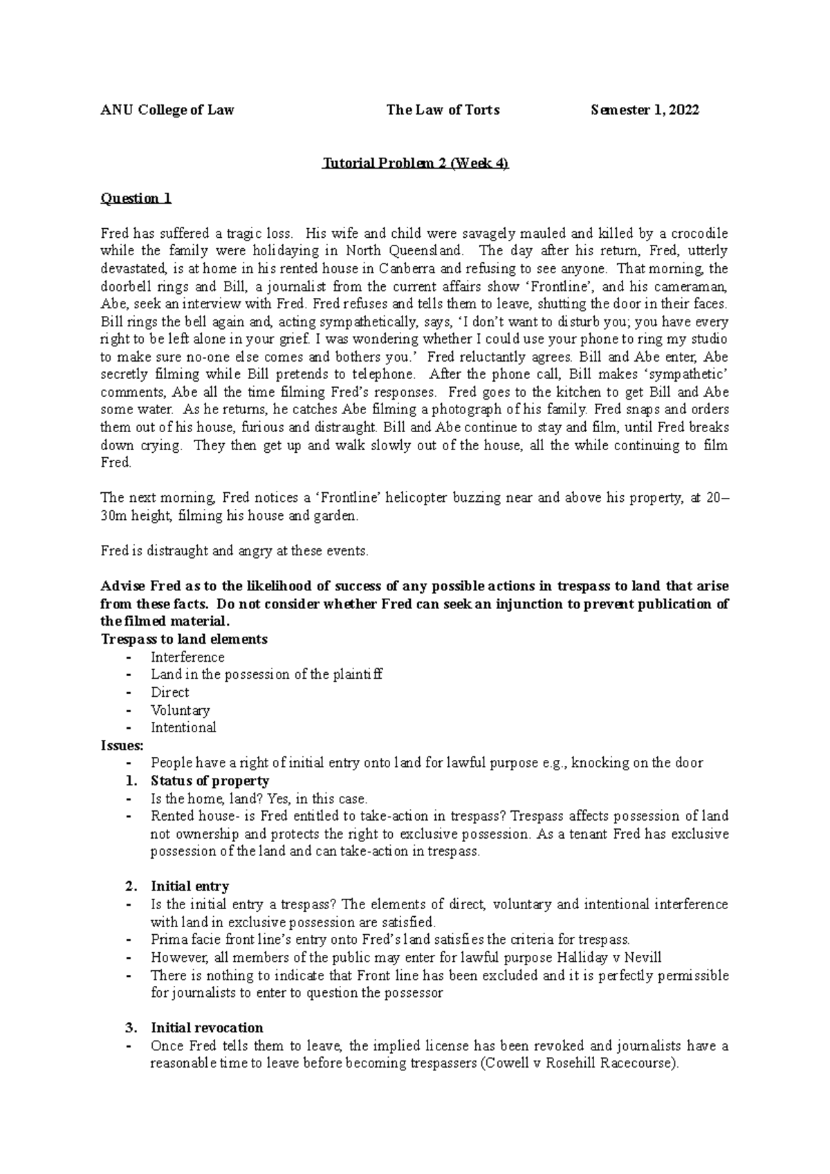 Torts Tutorial 2 question - ANU College of Law The Law of Torts ...