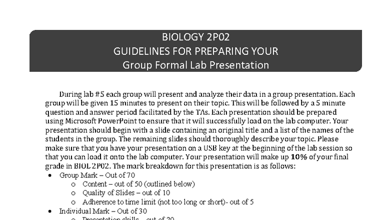 BIOLOGY 2P02 Group Lab Presentation Guidelines and Tips - Studocu