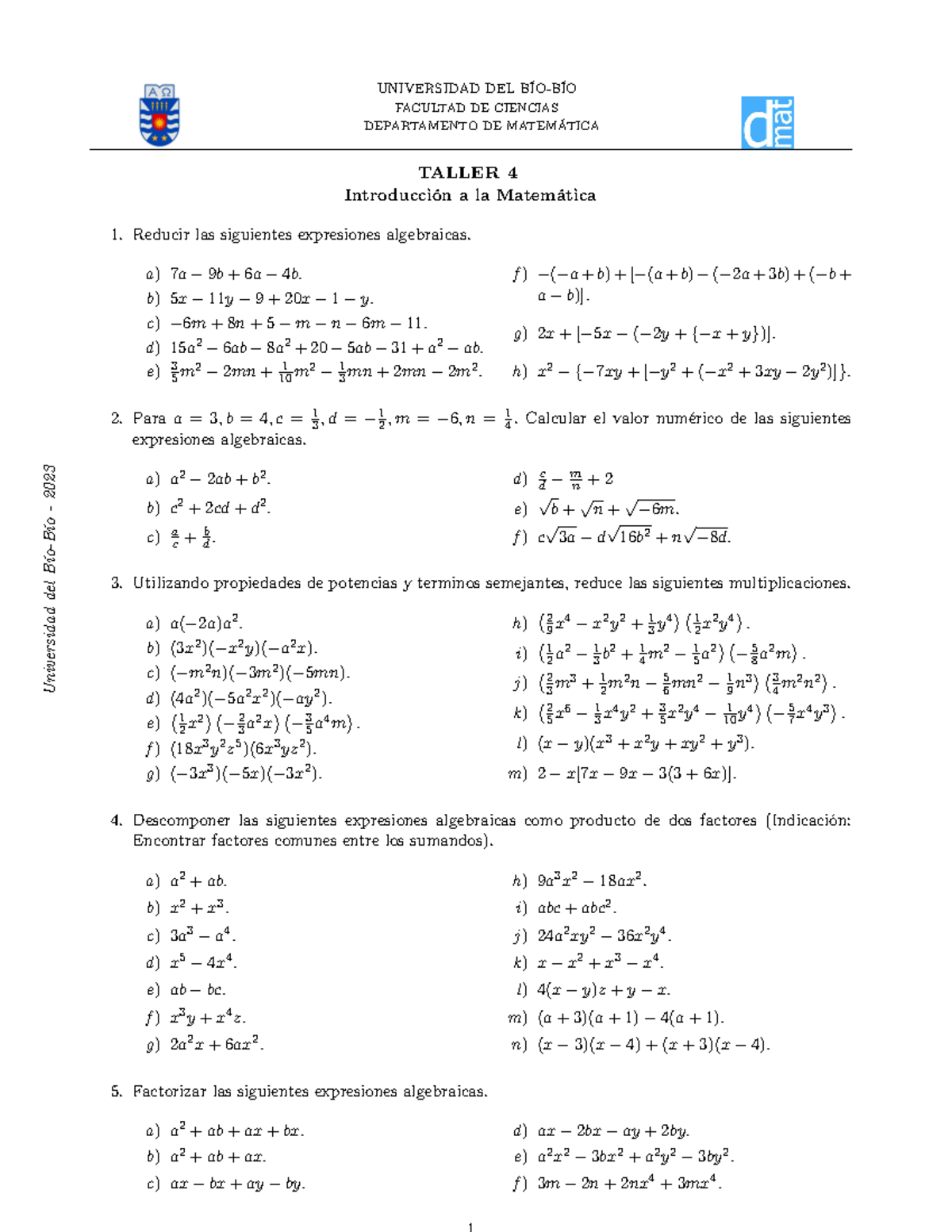 Taller 4 - Ejercicios de expresiones algebraicas - UNIVERSIDAD DEL BÍO ...