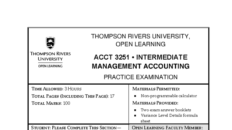 ACCT 3251 - Intermediate Management Accounting Final Practice Exam ...