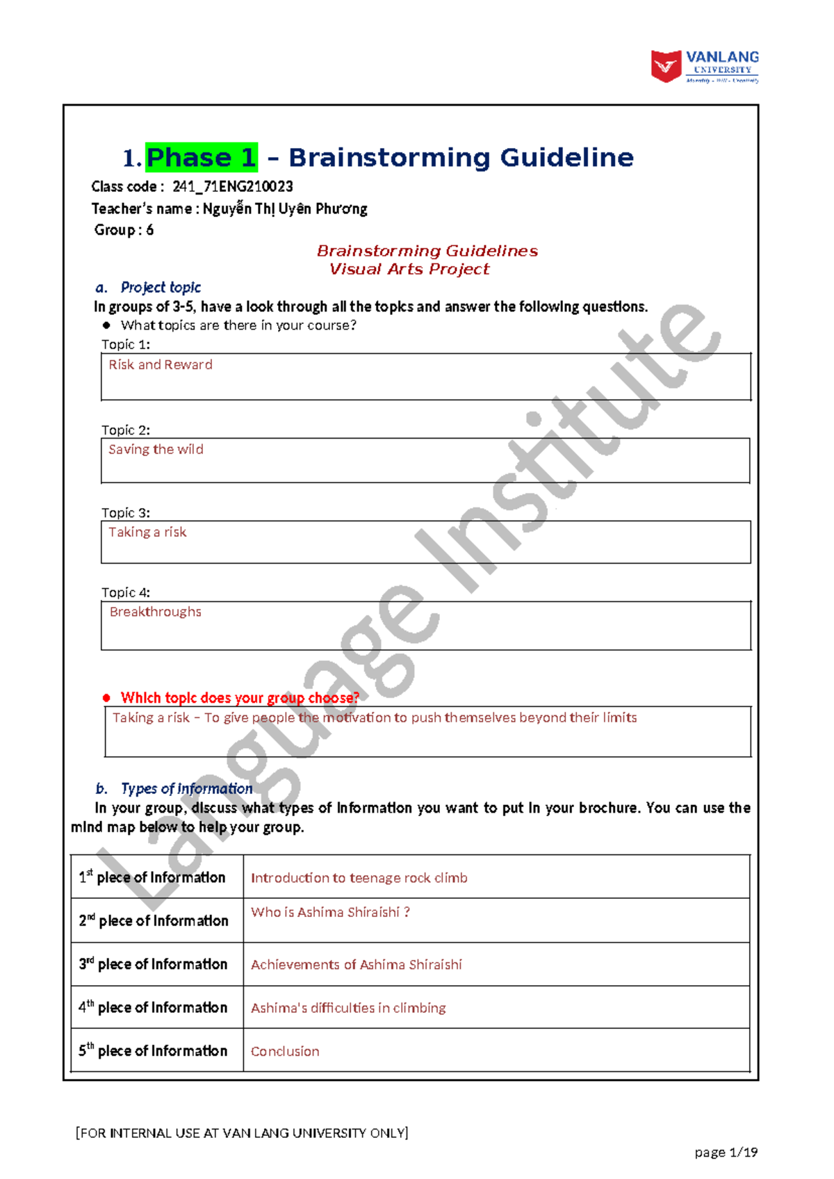 Anh văn phase 1 - Uiioy - 1. Phase 1 – Brainstorming Guideline Class ...
