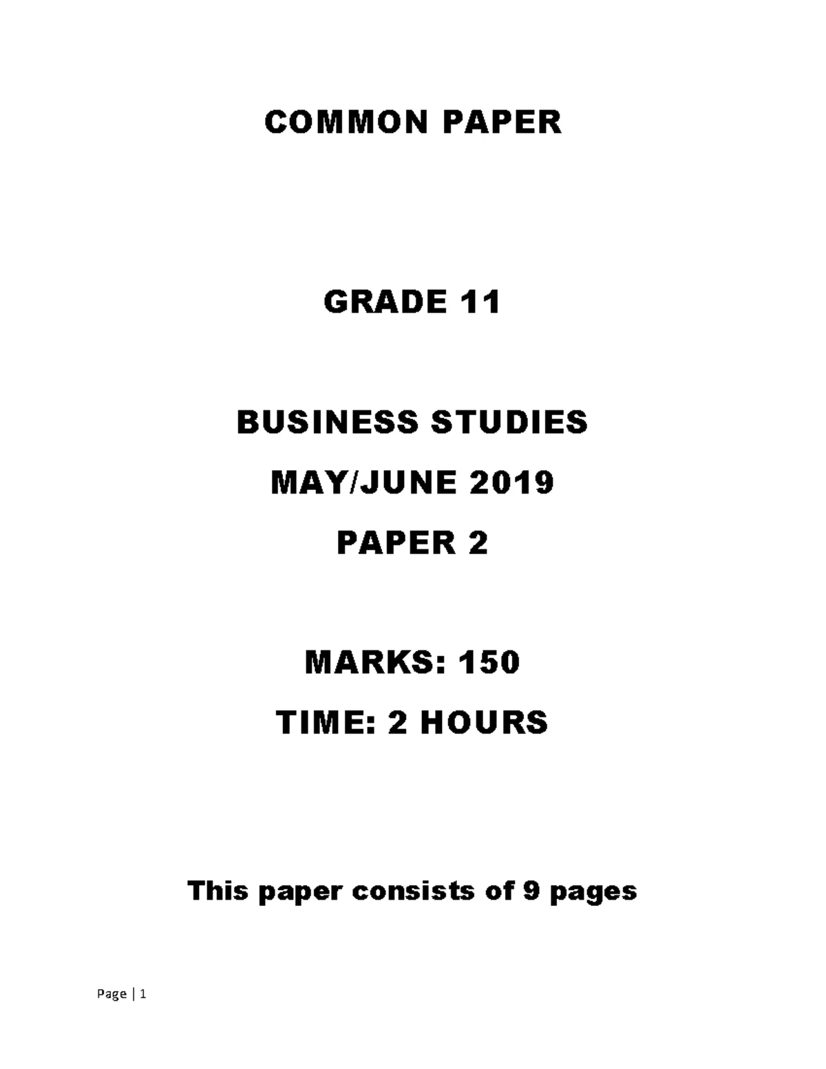 Business Studies GR 11 June Exam - Paper 1 (2019) Guide - Studocu