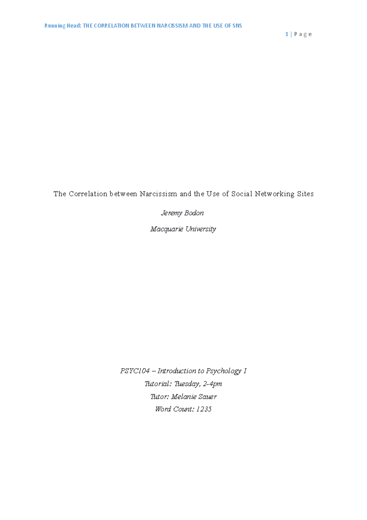 Essay "The Correlation between Narcissism and the Use of Social ...