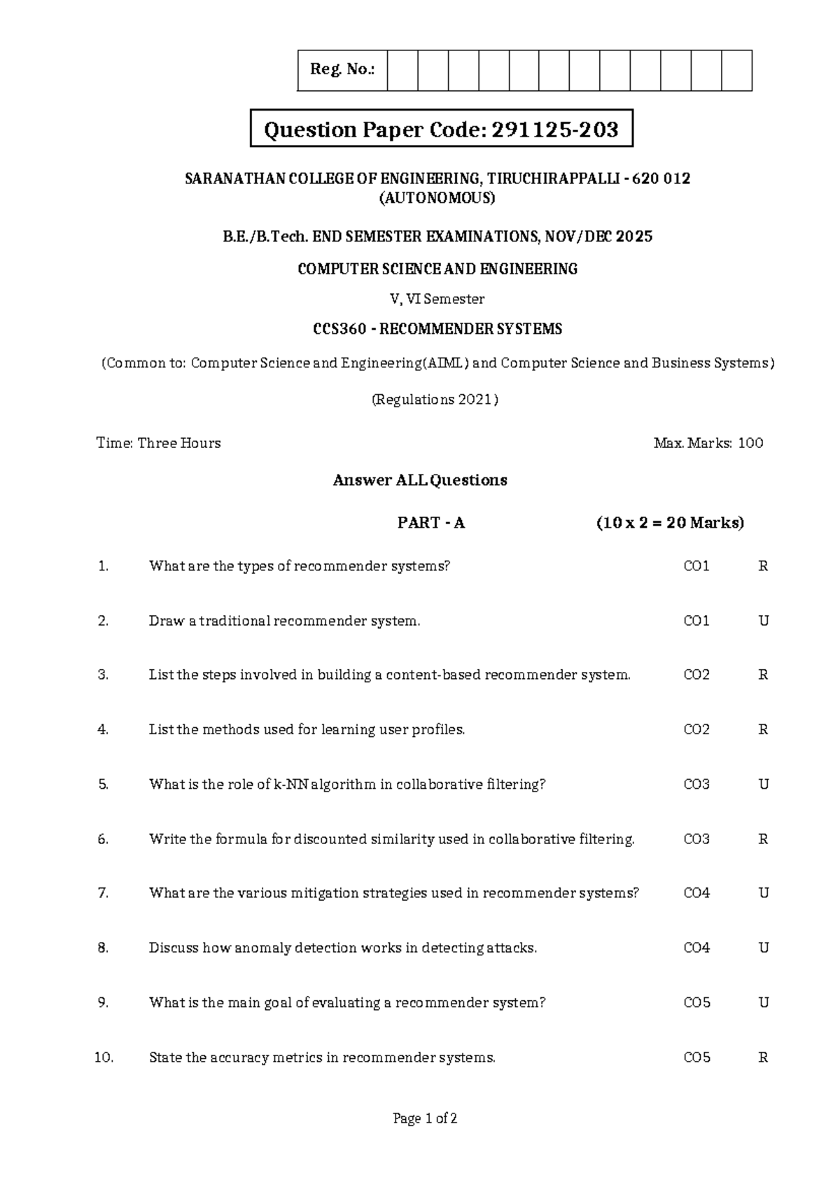 CCS360 End Semester Exam: Recommender Systems Overview - Studocu
