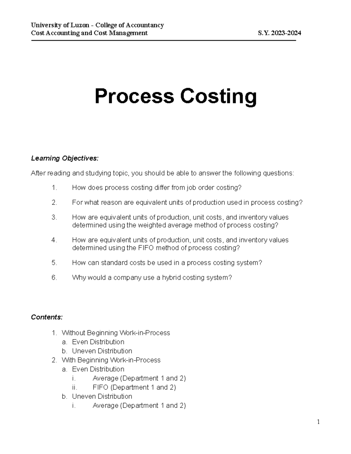 12324 ACC206 Process Costing Study Notes and Resources - Studocu