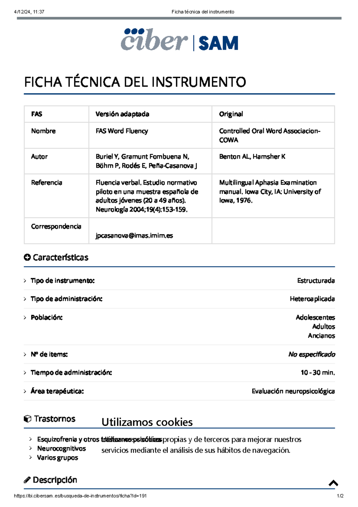 Ficha Técnica del Instrumento FAS para Evaluación Neuropsicológica ...