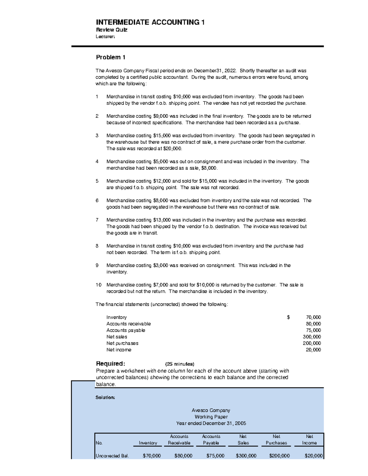 Intermediate Accounting 1 Review Quiz Analysis and Solutions - Studocu