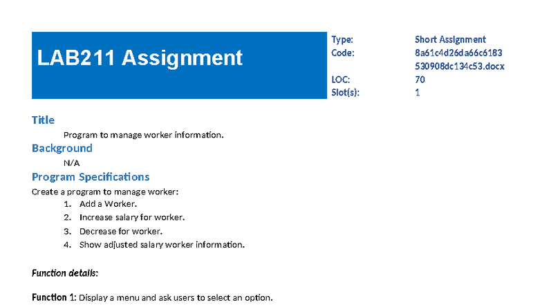 LAB211 Final Assignment: Worker Management Program Implementation - Studocu