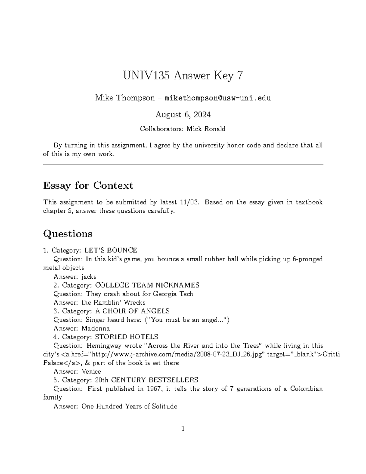 UNIV135 Final Exam Answer Key 7 - Mike Thompson - Studocu