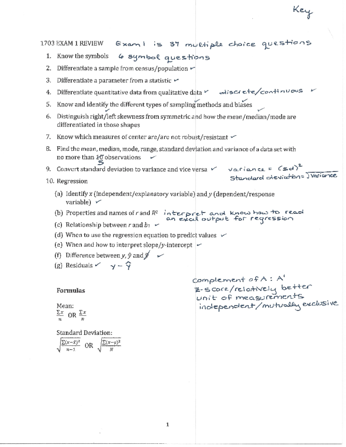 1703-Exam 1 Review Key: Key Concepts and Practice Questions - Studocu